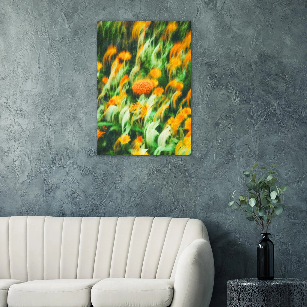 Floral artwork poster on a gray wall above a white couch.