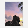 Artwork poster of a person looking at a sunset with palm trees.