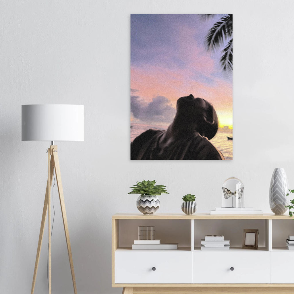 Room interior with a large wall art poster of a person at sunset, a lamp, and a shelf with decor items.