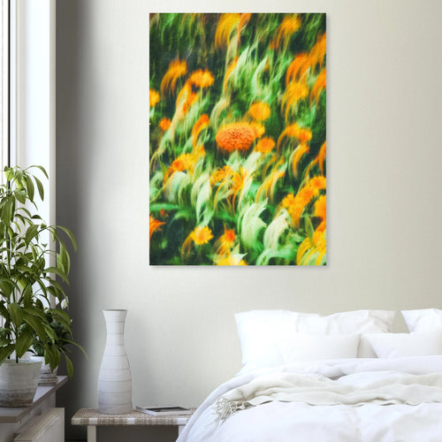 Floral artwork poster on a wall above a bed in a bedroom